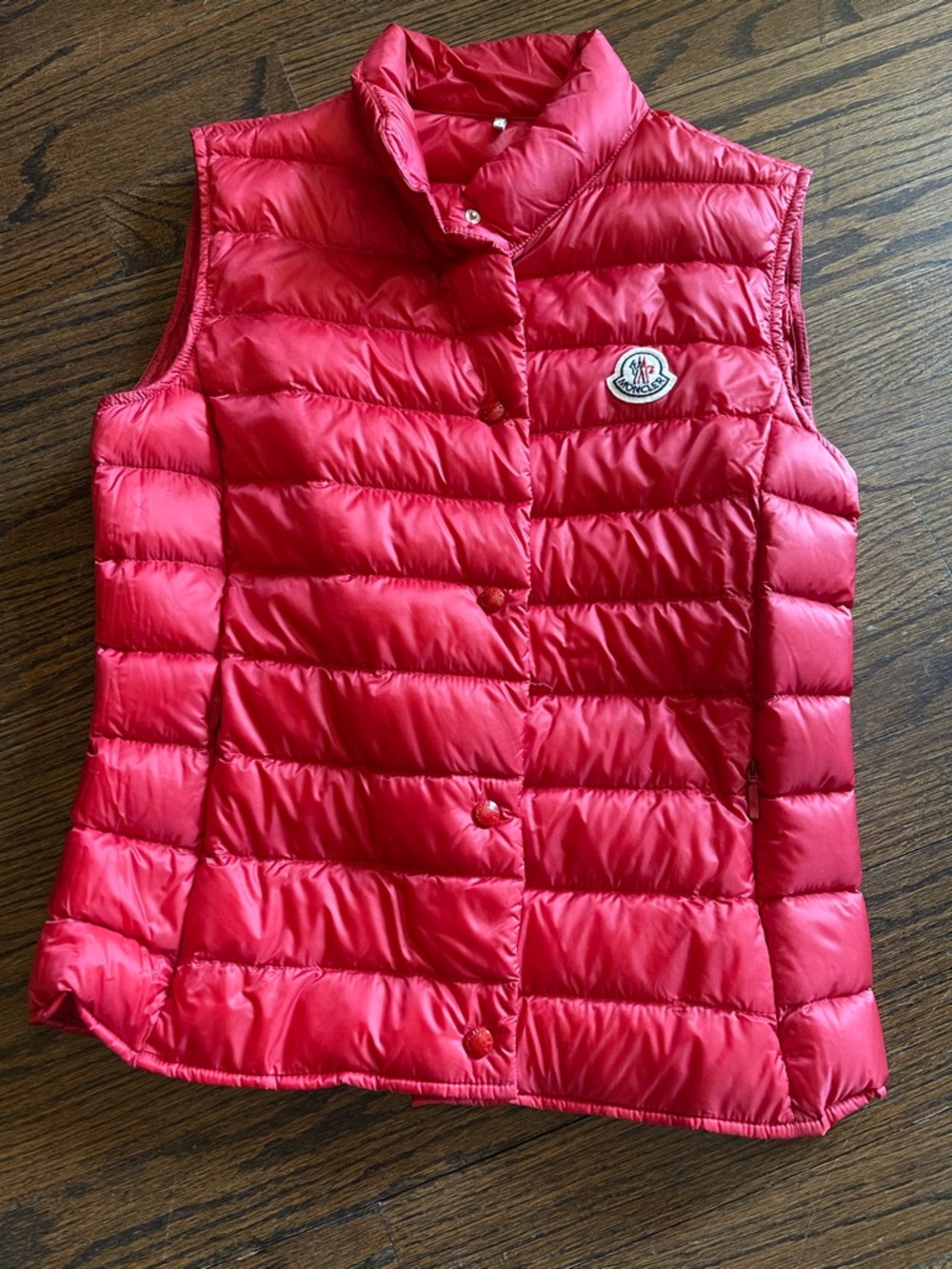 Moncler Satin Red Down Gilet with Logo Patch